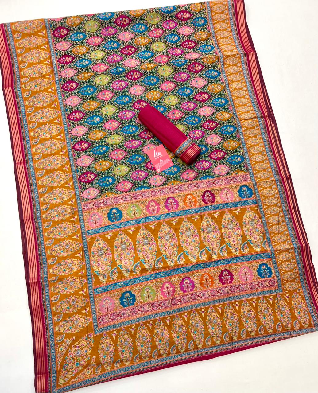 Panache Yellow With Rani Border Muslin Soft Silk Saree With Gorgeous Blouse Piece