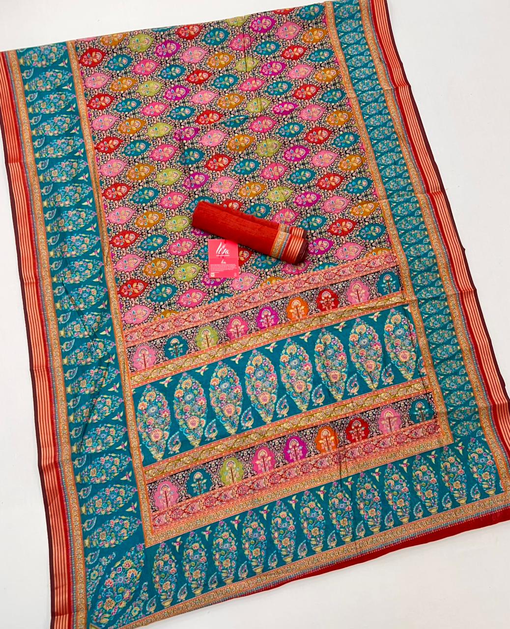 Luxuriant Blue With Red Border Muslin Soft Silk Saree With Gorgeous Blouse Piece