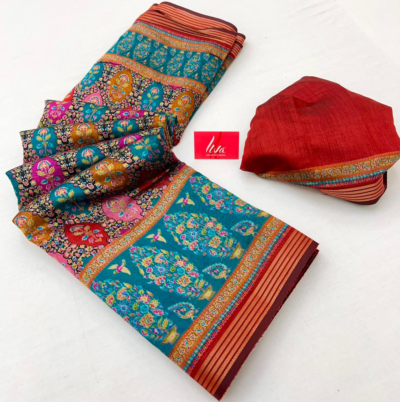 Luxuriant Blue With Red Border Muslin Soft Silk Saree With Gorgeous Blouse Piece
