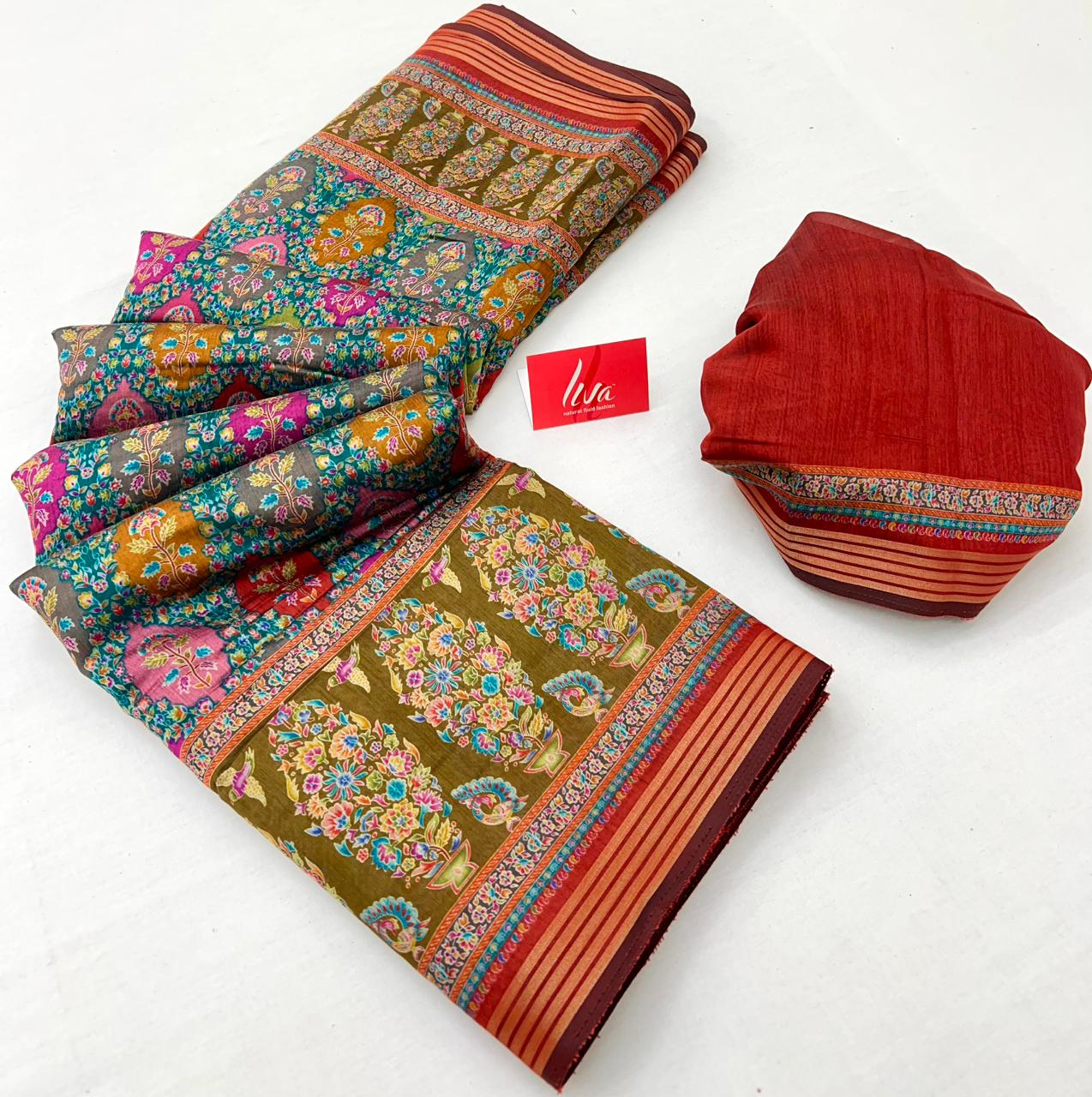 Invaluable Green With Red Border Muslin Soft Silk Saree With Gorgeous Blouse Piece