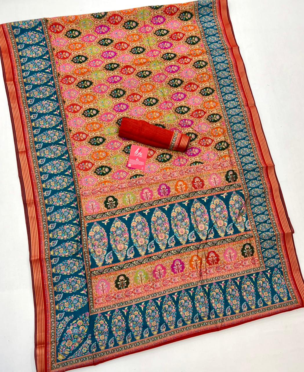 Beleaguer Rama With Red Border Muslin Soft Silk Saree With Gorgeous Blouse Piece