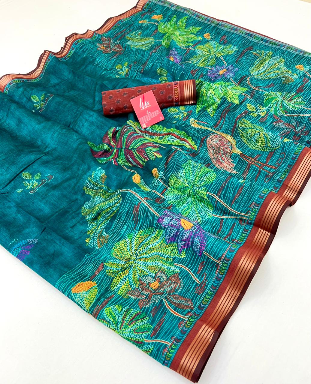 Outstanding Rama Ajrakh Kalamkari Pure Maslin Silk Saree With Pulsating Blouse Piece