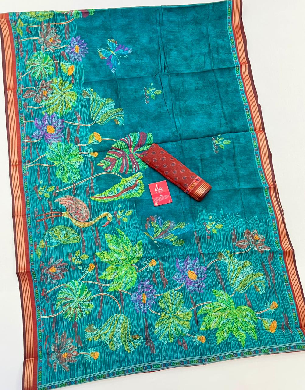 Outstanding Rama Ajrakh Kalamkari Pure Maslin Silk Saree With Pulsating Blouse Piece