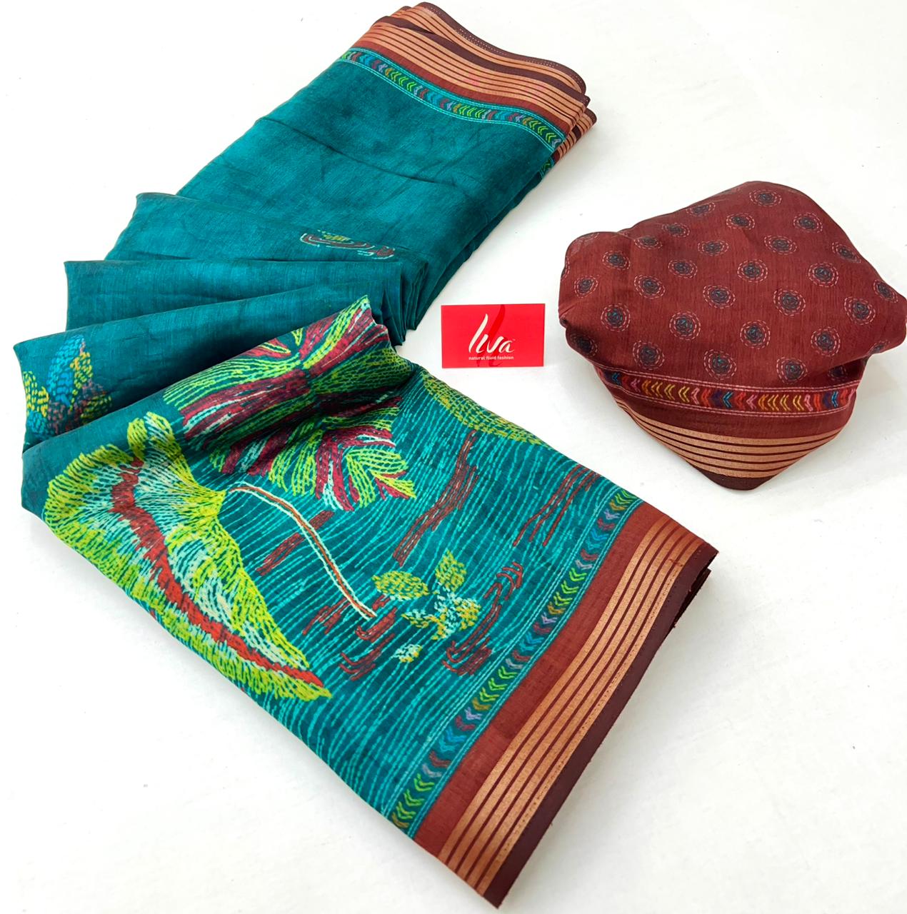 Outstanding Rama Ajrakh Kalamkari Pure Maslin Silk Saree With Pulsating Blouse Piece