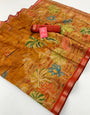 Ethereal Yellow Ajrakh Kalamkari Pure Maslin Silk Saree With Pulsating Blouse Piece