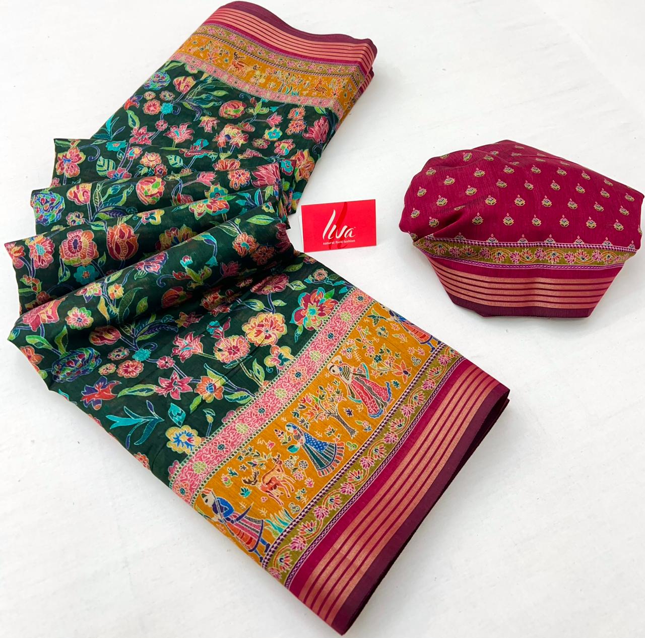 Kelly Green Ajrakh Kalamkari Pure Maslin Silk Saree