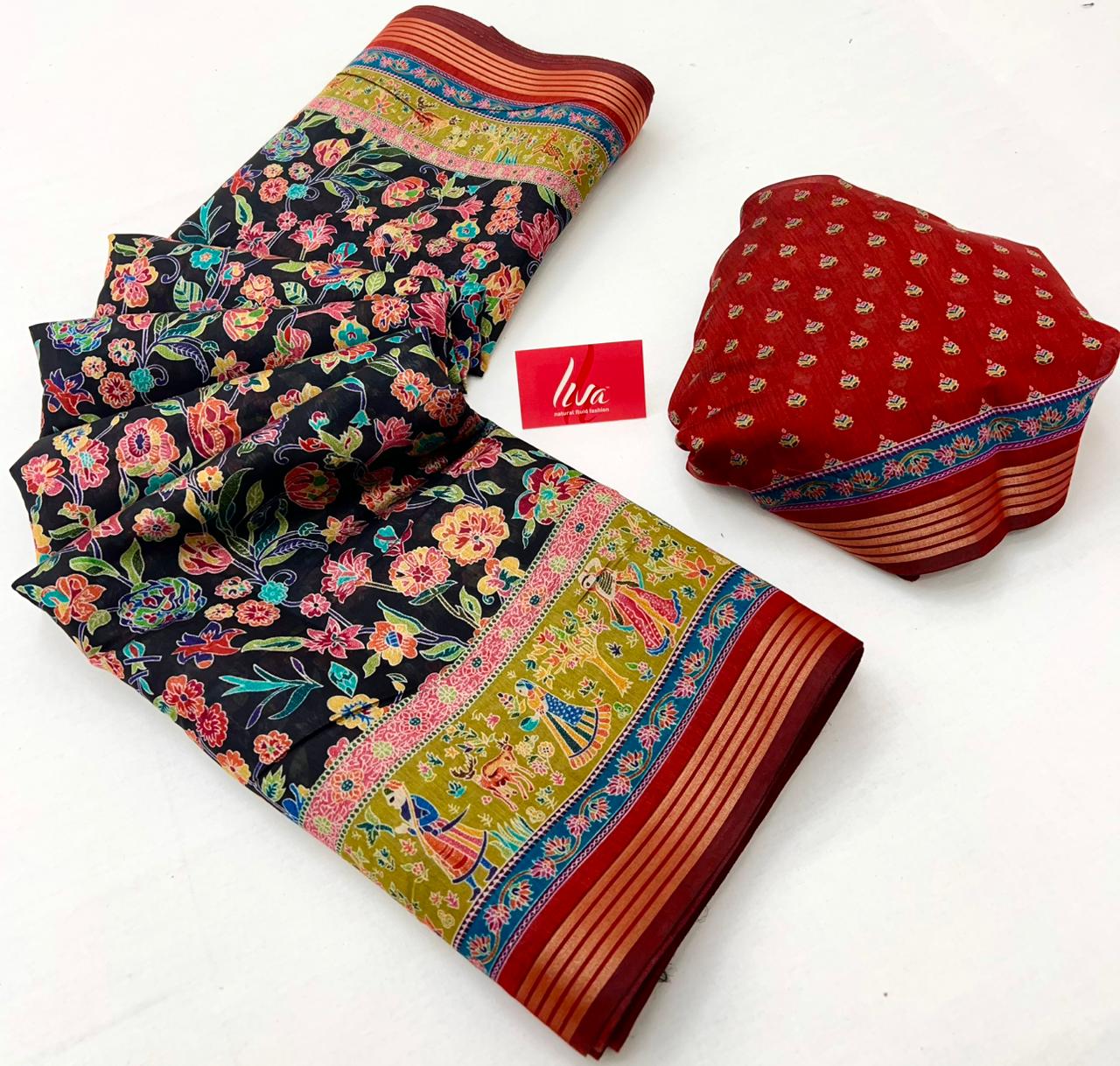 French Blue Ajrakh Kalamkari Pure Maslin Silk Saree