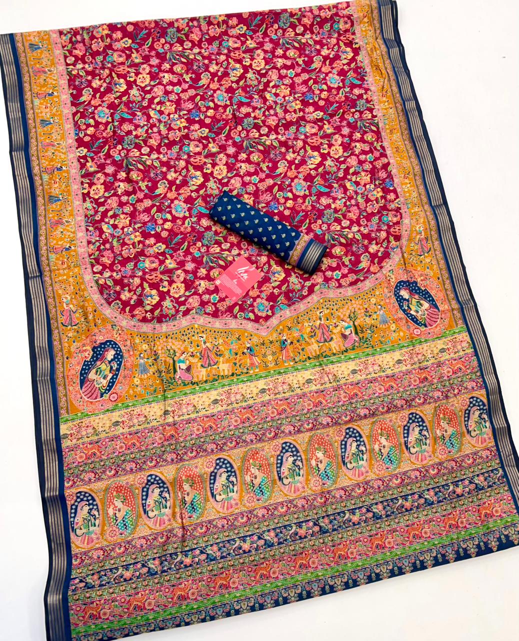Poppy Pink Ajrakh Kalamkari Pure Maslin Silk Saree