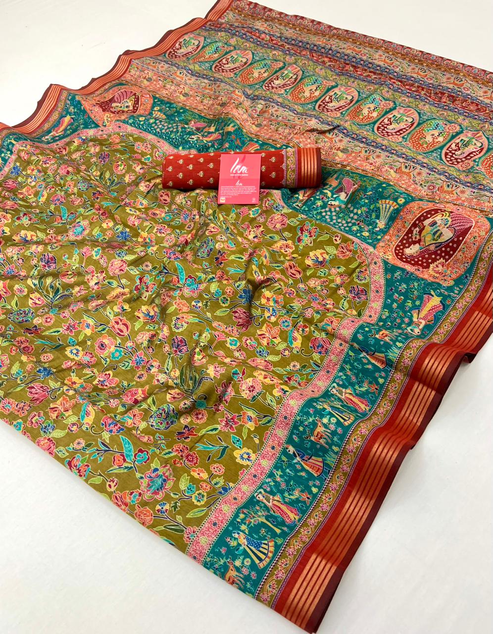 Moss Green Ajrakh Kalamkari Pure Maslin Silk Saree