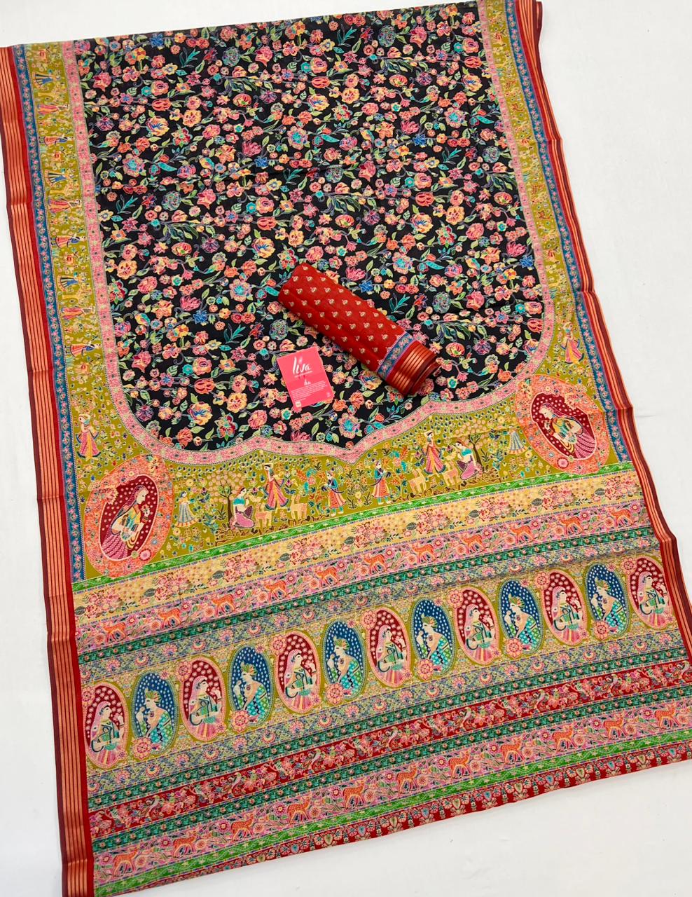 French Blue Ajrakh Kalamkari Pure Maslin Silk Saree