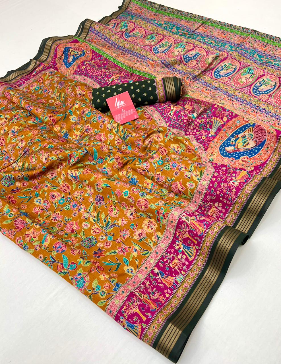 Mikado Yellow Ajrakh Kalamkari Pure Maslin Silk Saree