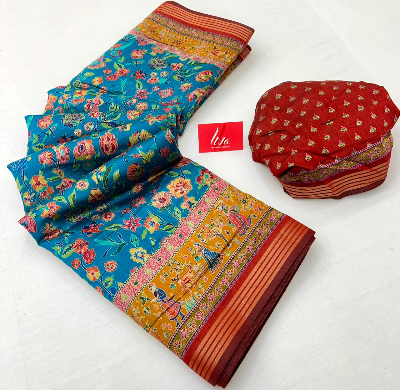 Water Blue Ajrakh Kalamkari Pure Maslin Silk Saree