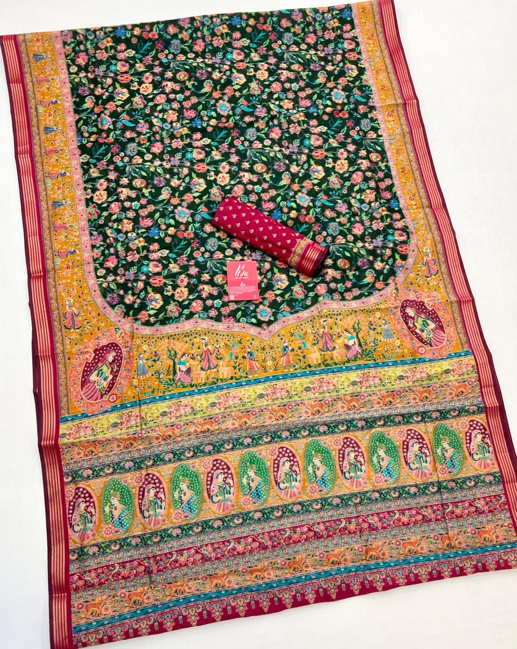 Kelly Green Ajrakh Kalamkari Pure Maslin Silk Saree