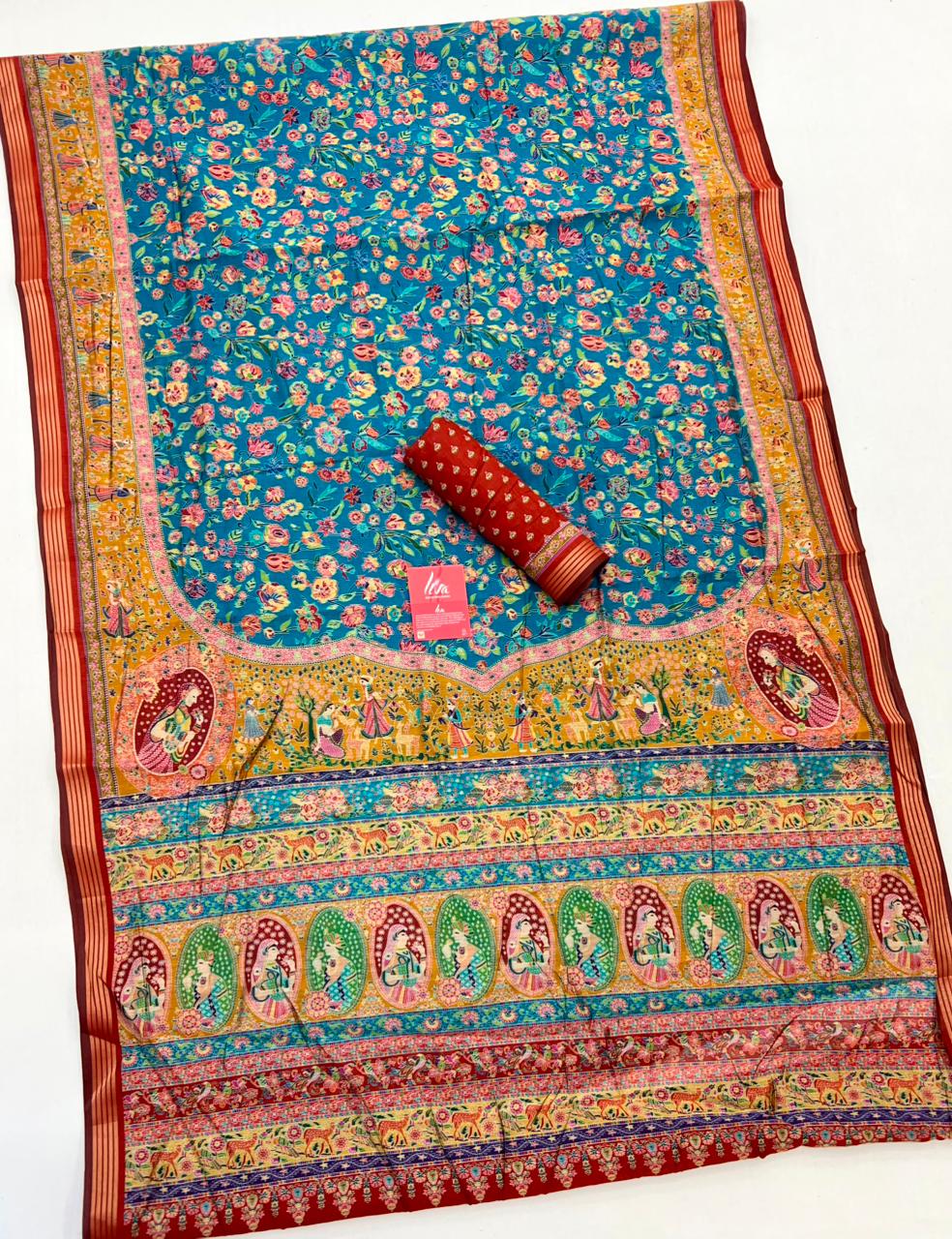 Water Blue Ajrakh Kalamkari Pure Maslin Silk Saree