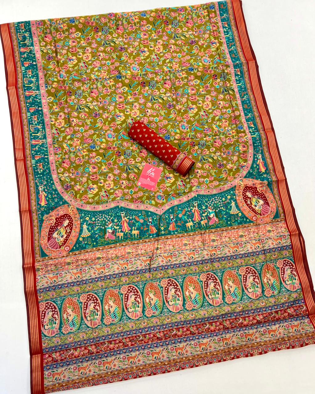 Moss Green Ajrakh Kalamkari Pure Maslin Silk Saree