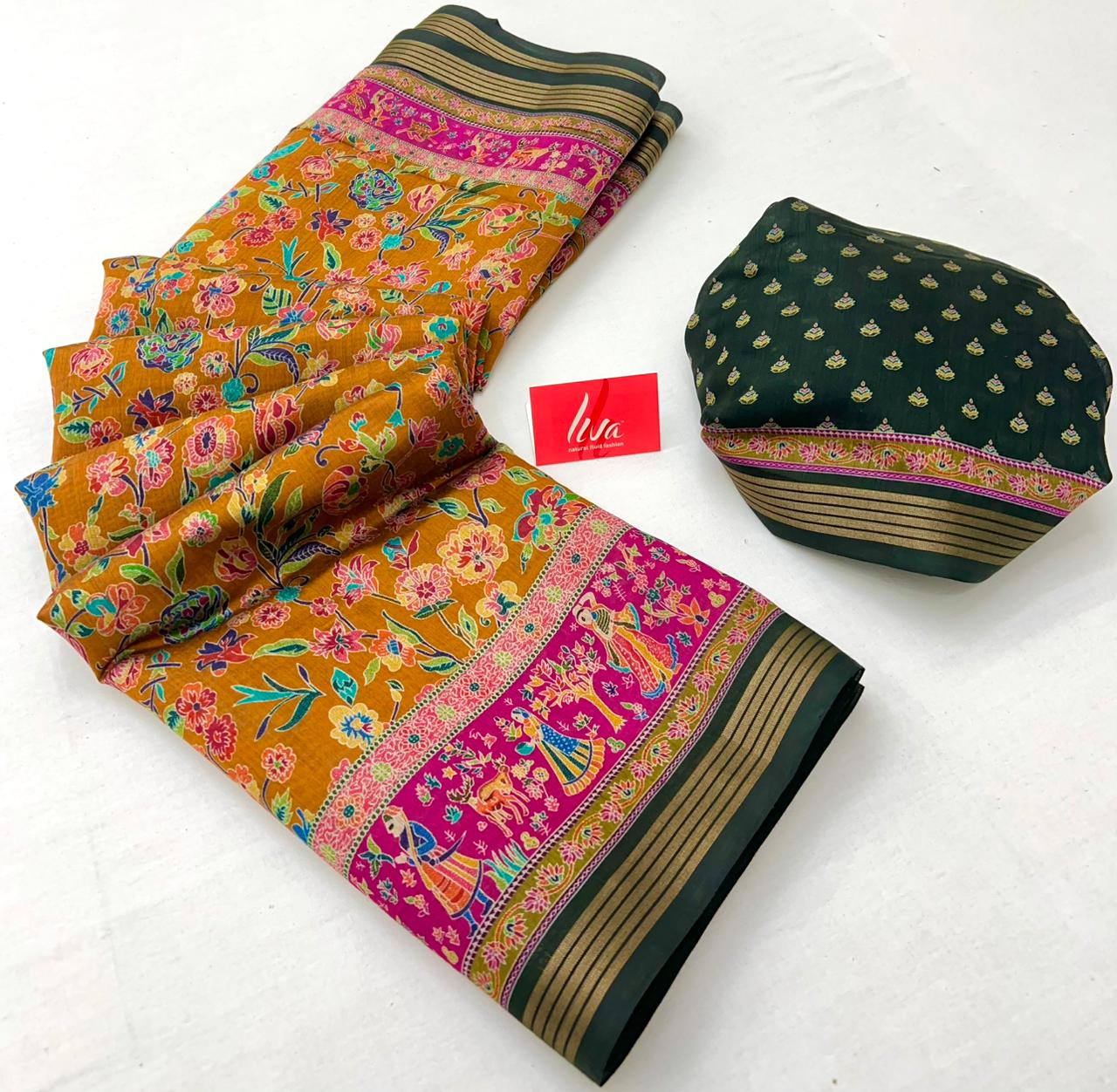 Mikado Yellow Ajrakh Kalamkari Pure Maslin Silk Saree