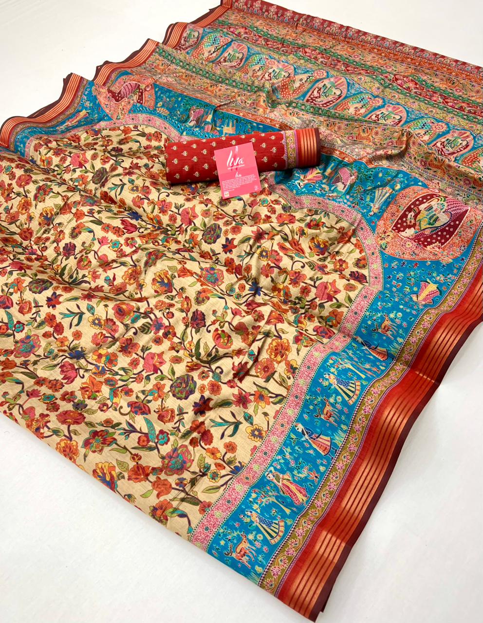 Milk White Ajrakh Kalamkari Pure Maslin Silk Saree