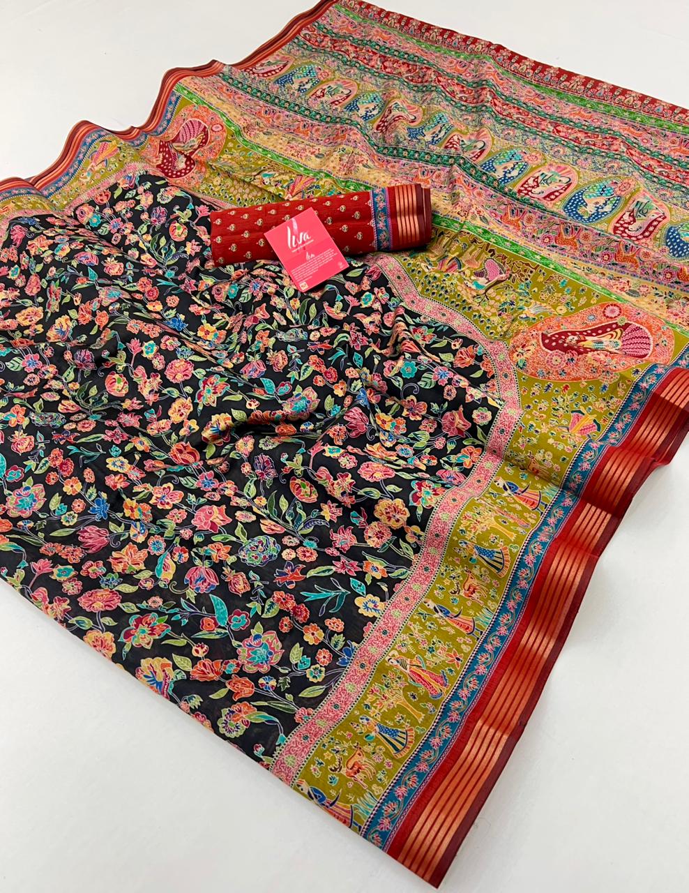 French Blue Ajrakh Kalamkari Pure Maslin Silk Saree