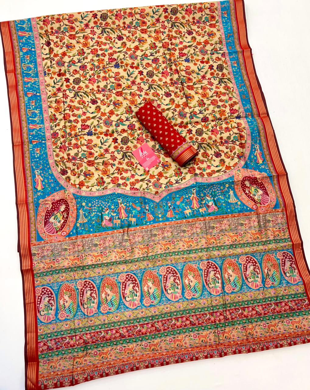 Milk White Ajrakh Kalamkari Pure Maslin Silk Saree