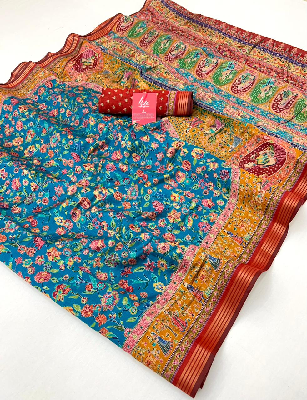 Water Blue Ajrakh Kalamkari Pure Maslin Silk Saree