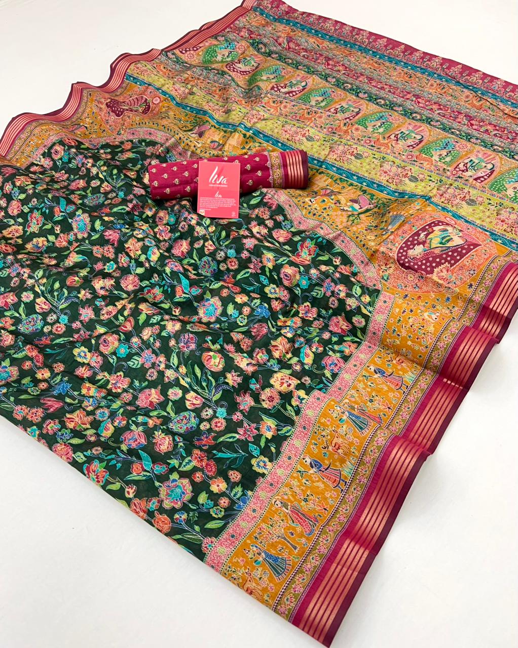 Kelly Green Ajrakh Kalamkari Pure Maslin Silk Saree