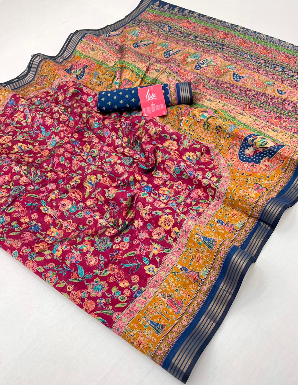Poppy Pink Ajrakh Kalamkari Pure Maslin Silk Saree
