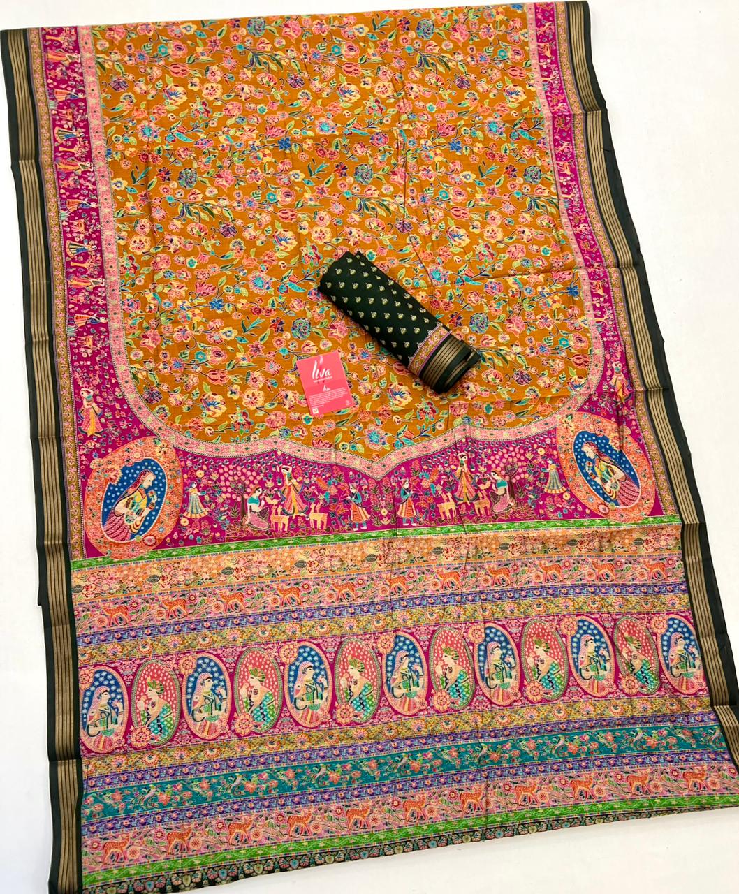 Mikado Yellow Ajrakh Kalamkari Pure Maslin Silk Saree