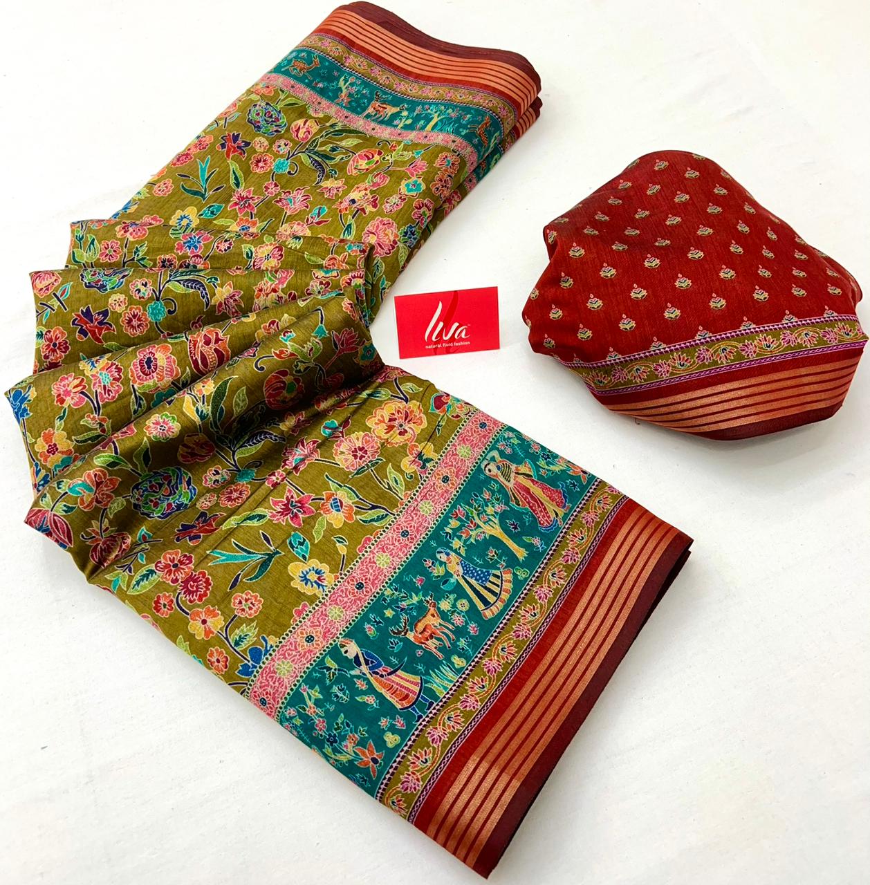 Moss Green Ajrakh Kalamkari Pure Maslin Silk Saree