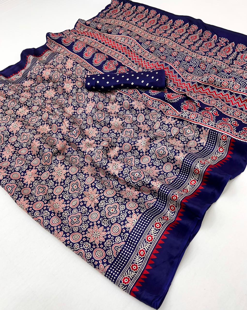 Midnight Blue Ajrakh Hand Block Modal Silk Saree With Fancy Ajrakh Pallu And Border-1
