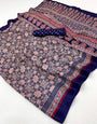 Midnight Blue Ajrakh Hand Block Modal Silk Saree With Fancy Ajrakh Pallu And Border-1