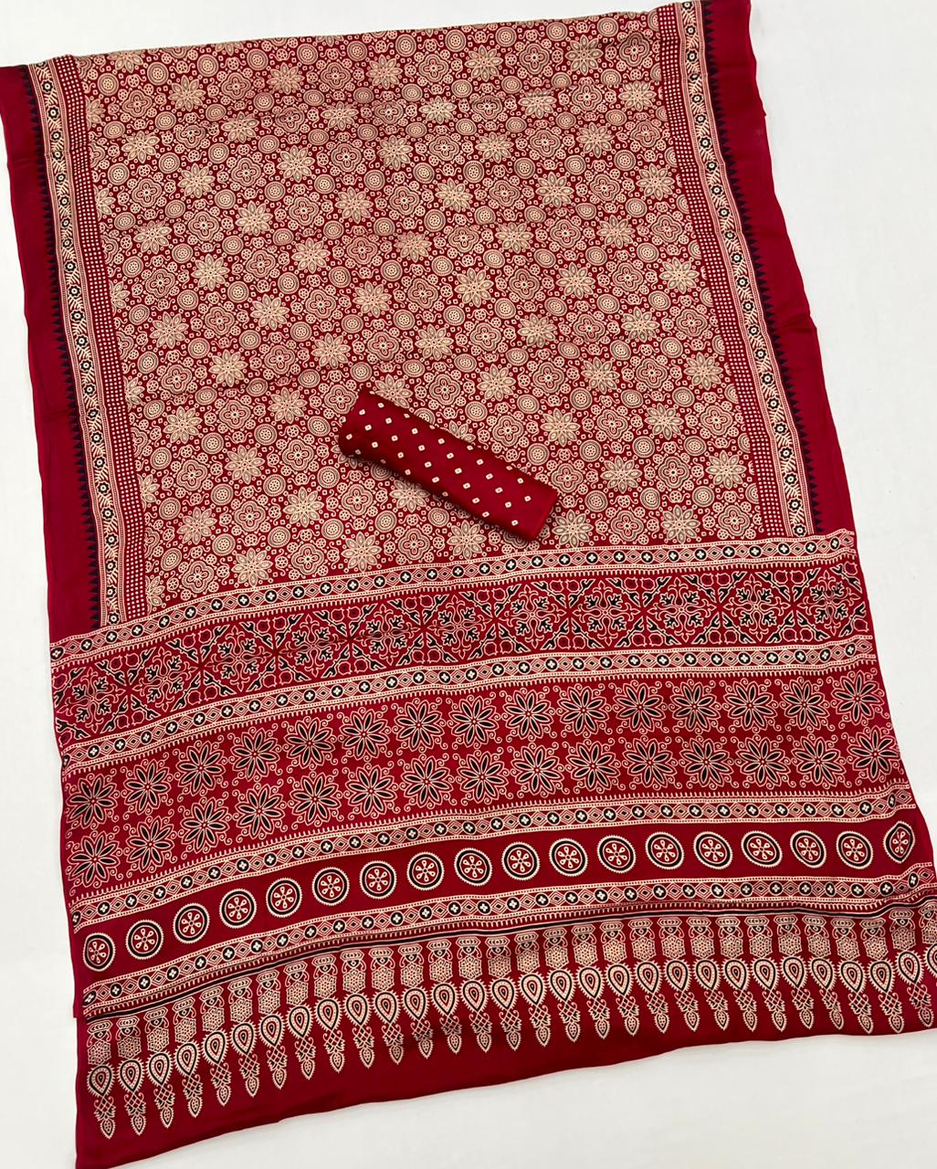 Red Berry Ajrakh Hand Block Modal Silk Saree With Fancy Ajrakh Pallu And Border-1