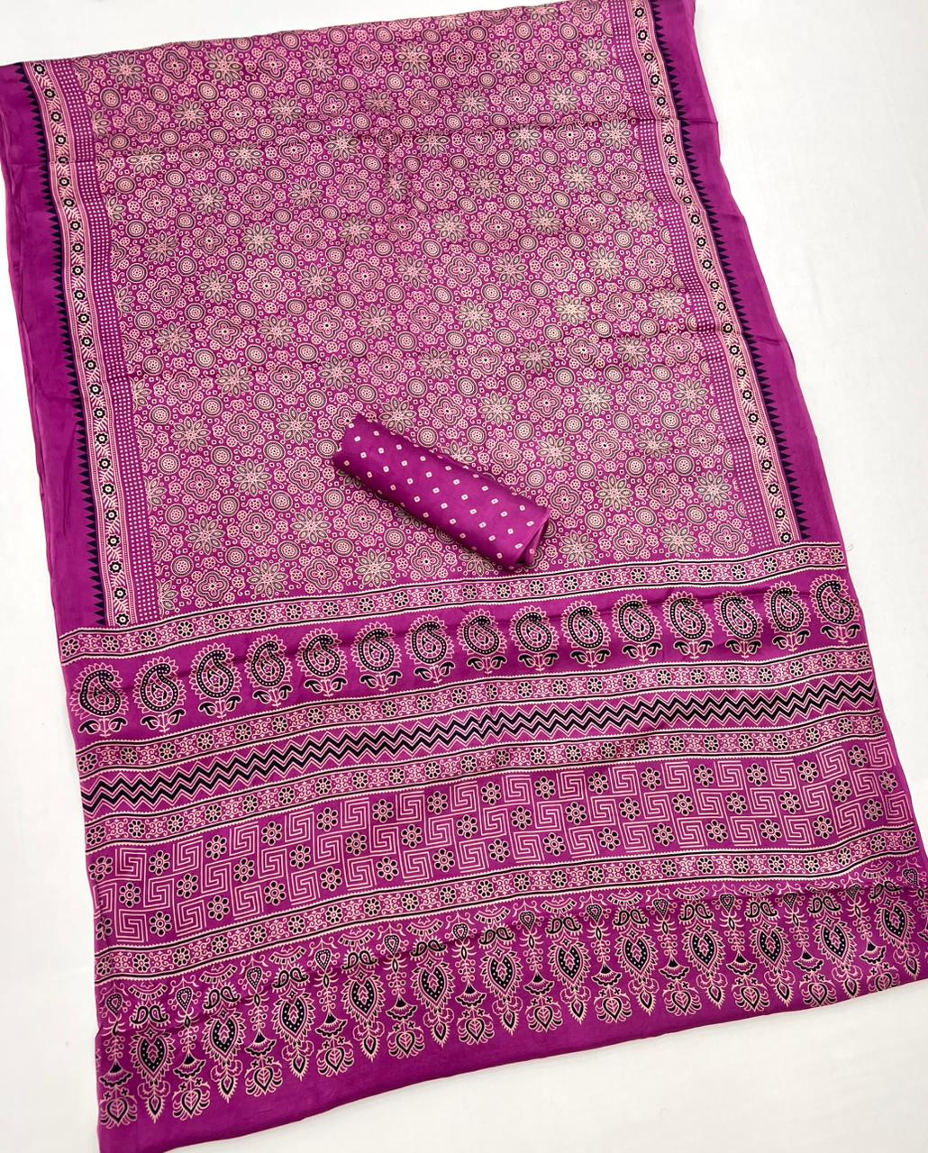 Dark Pink Ajrakh Hand Block Modal Silk Saree With Fancy Ajrakh Pallu And Border-1