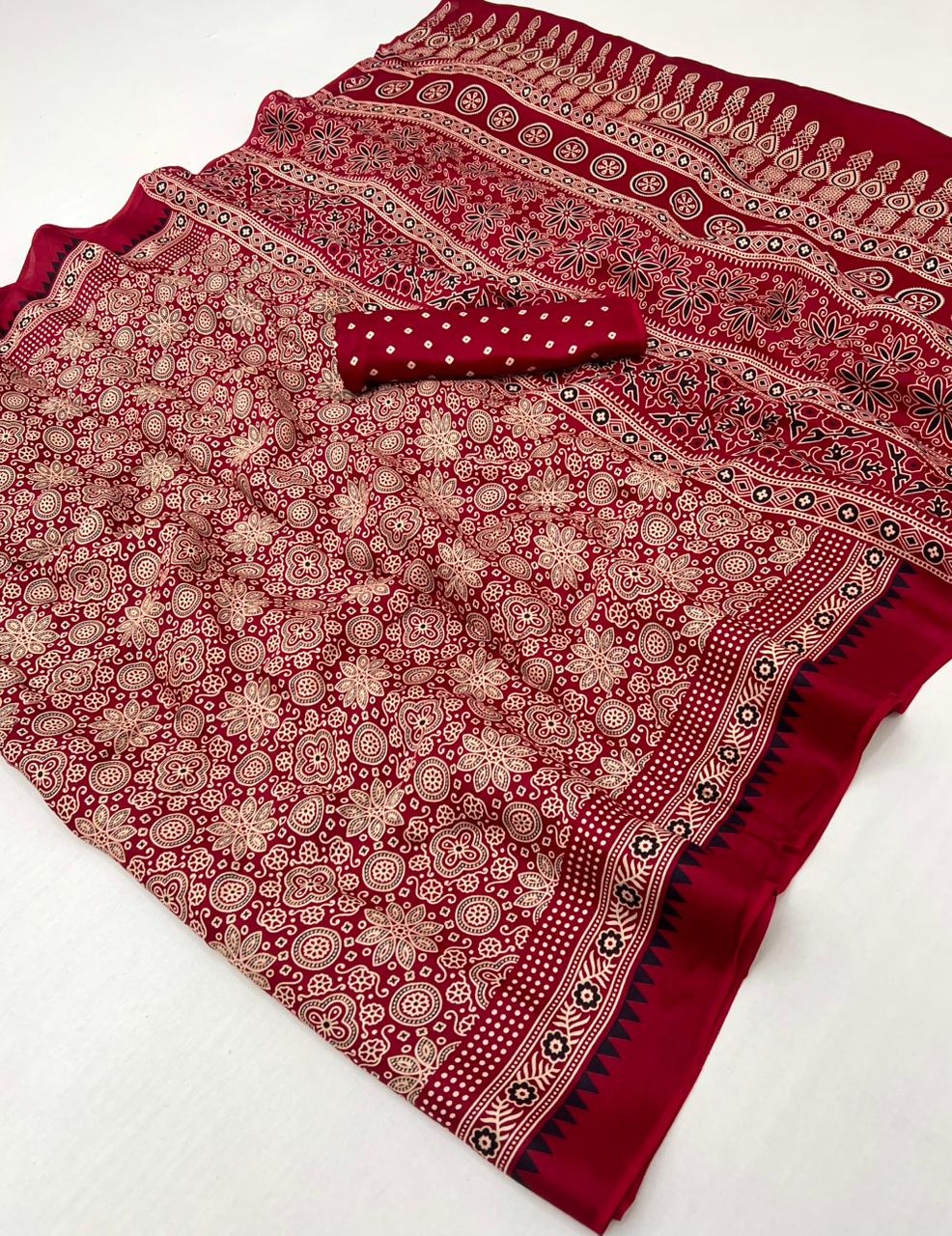 Red Berry Ajrakh Hand Block Modal Silk Saree With Fancy Ajrakh Pallu And Border-1