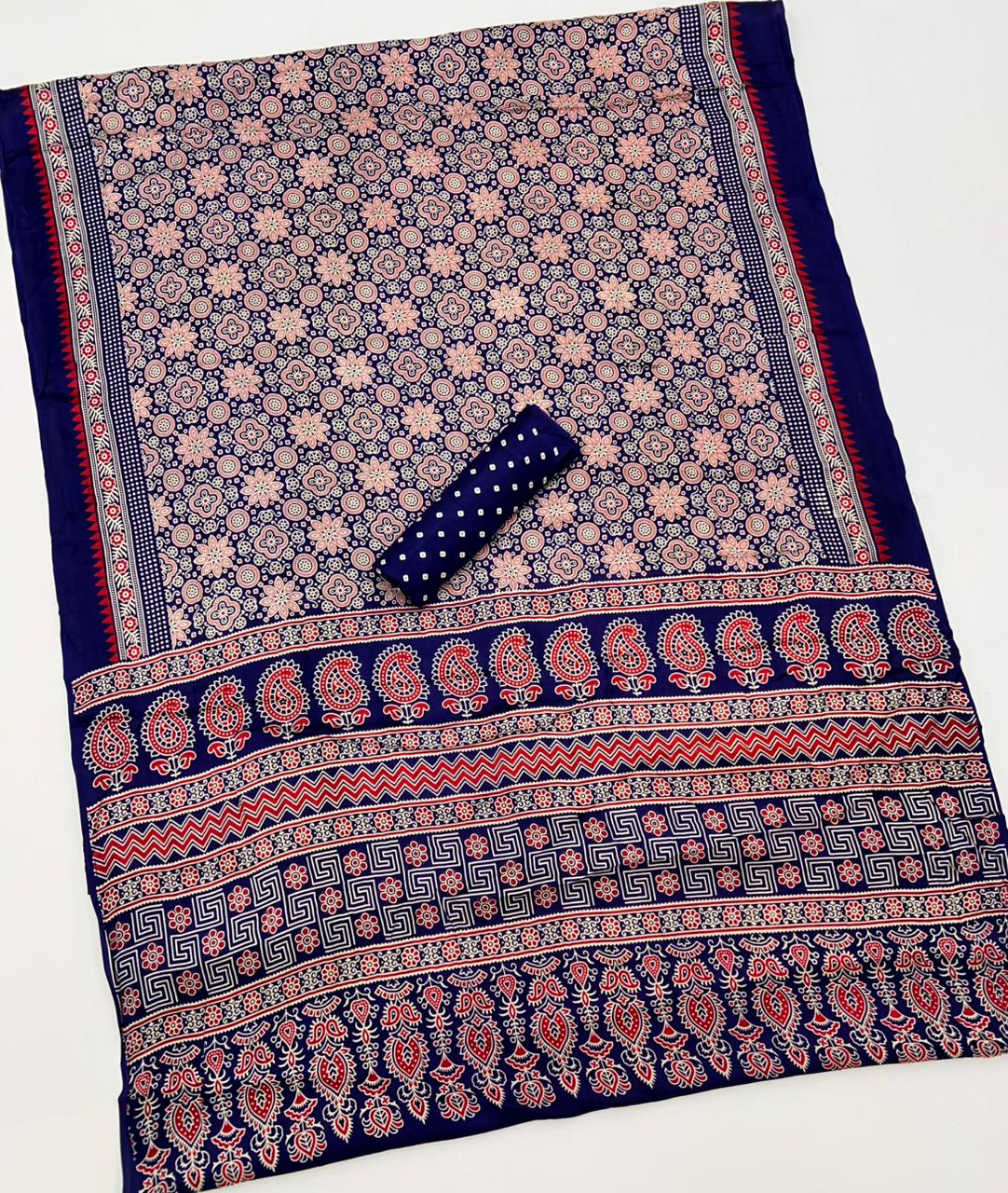Midnight Blue Ajrakh Hand Block Modal Silk Saree With Fancy Ajrakh Pallu And Border-1