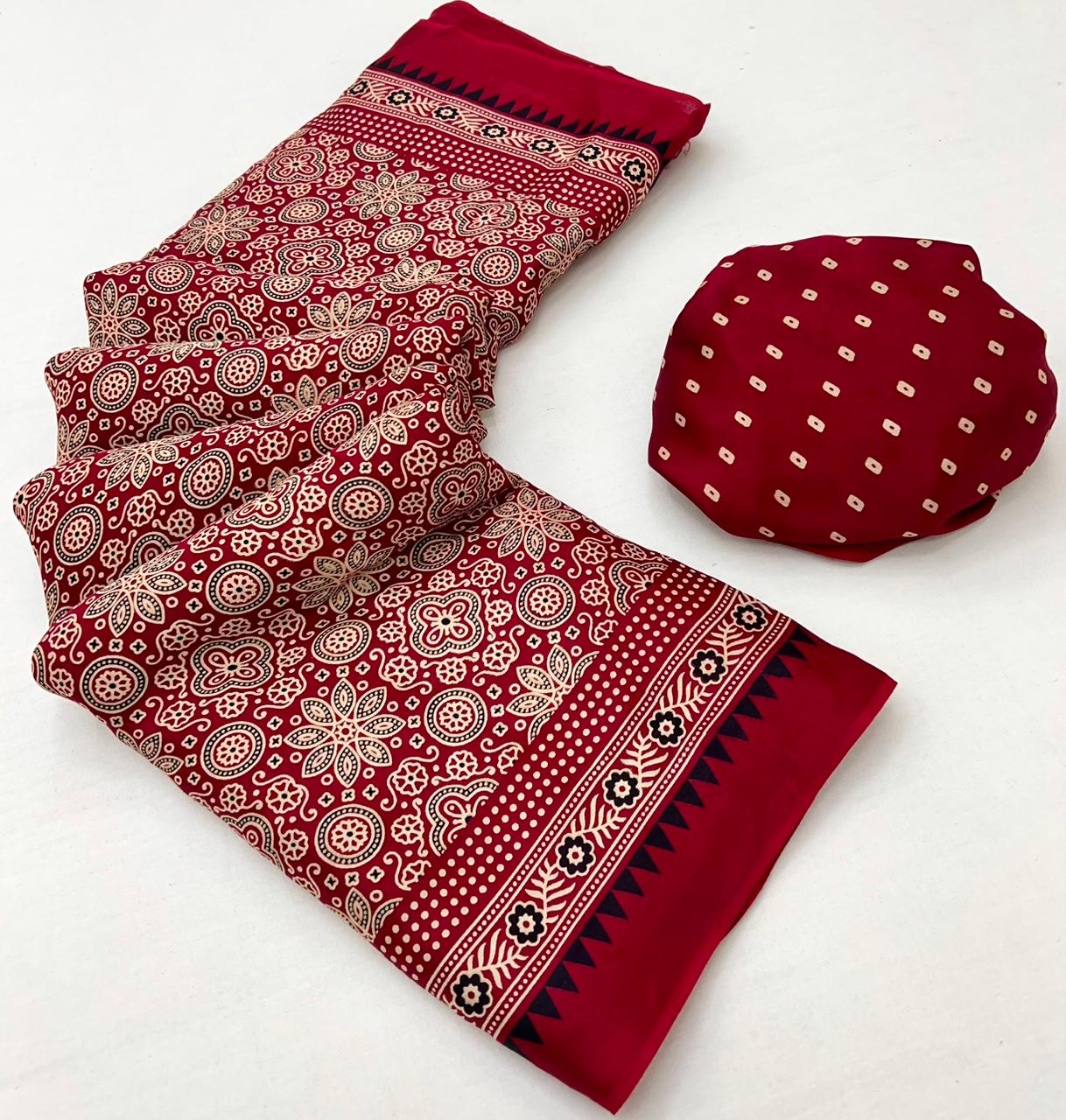Red Berry Ajrakh Hand Block Modal Silk Saree With Fancy Ajrakh Pallu And Border-1
