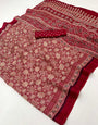 Red Berry Ajrakh Hand Block Modal Silk Saree With Fancy Ajrakh Pallu And Border-1