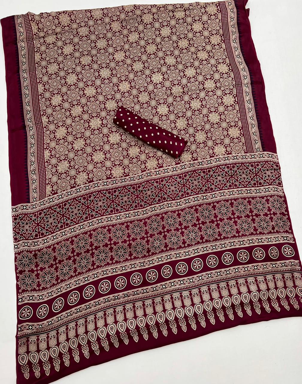 Dark Scarlet Ajrakh Hand Block Modal Silk Saree With Fancy Ajrakh Pallu And Border-1
