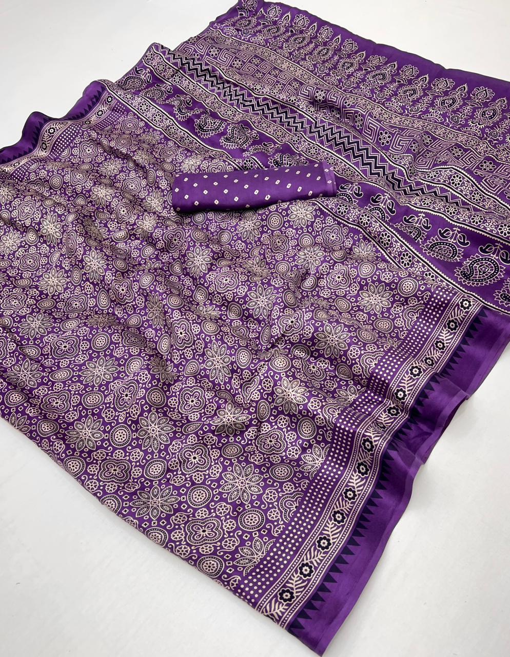 Dark Lavender Ajrakh Hand Block Modal Silk Saree With Fancy Ajrakh Pallu And Border-1