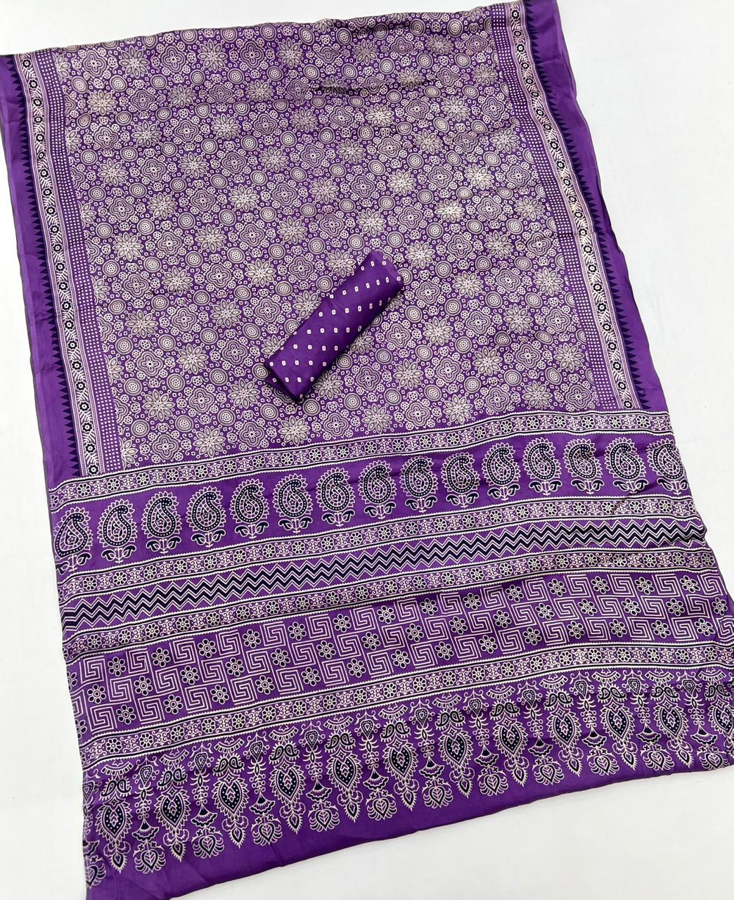 Dark Lavender Ajrakh Hand Block Modal Silk Saree With Fancy Ajrakh Pallu And Border-1