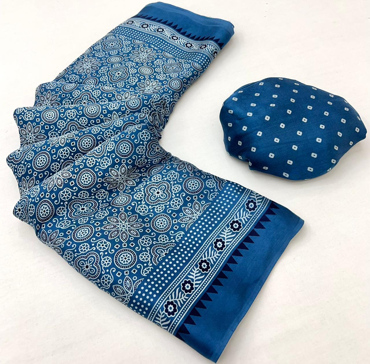 Venice Blue Ajrakh Hand Block Modal Silk Saree With Fancy Ajrakh Pallu And Border-1