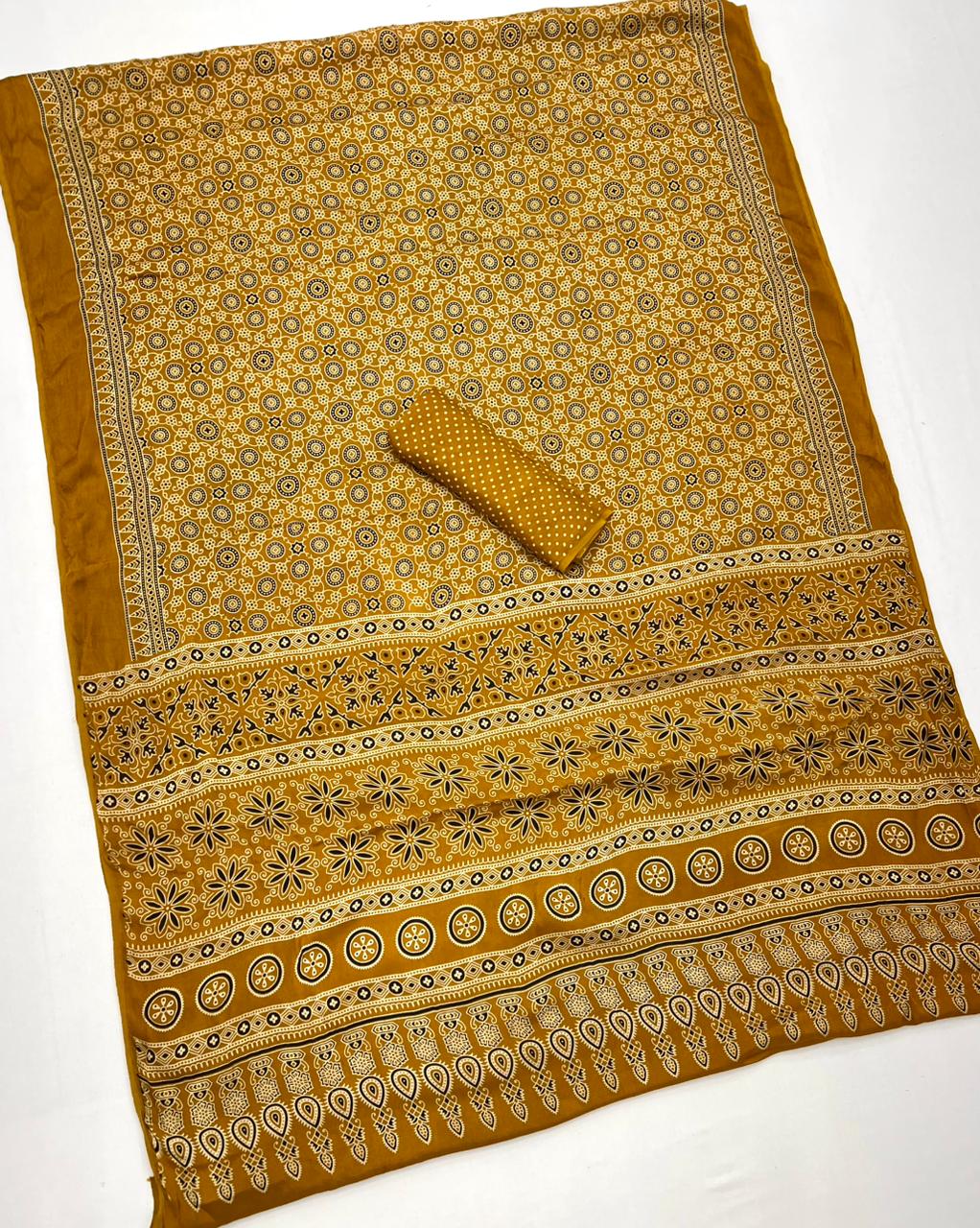 Rich Gold Ajrakh Hand Block Modal Silk Saree With Fancy Ajrakh Pallu And Border-1