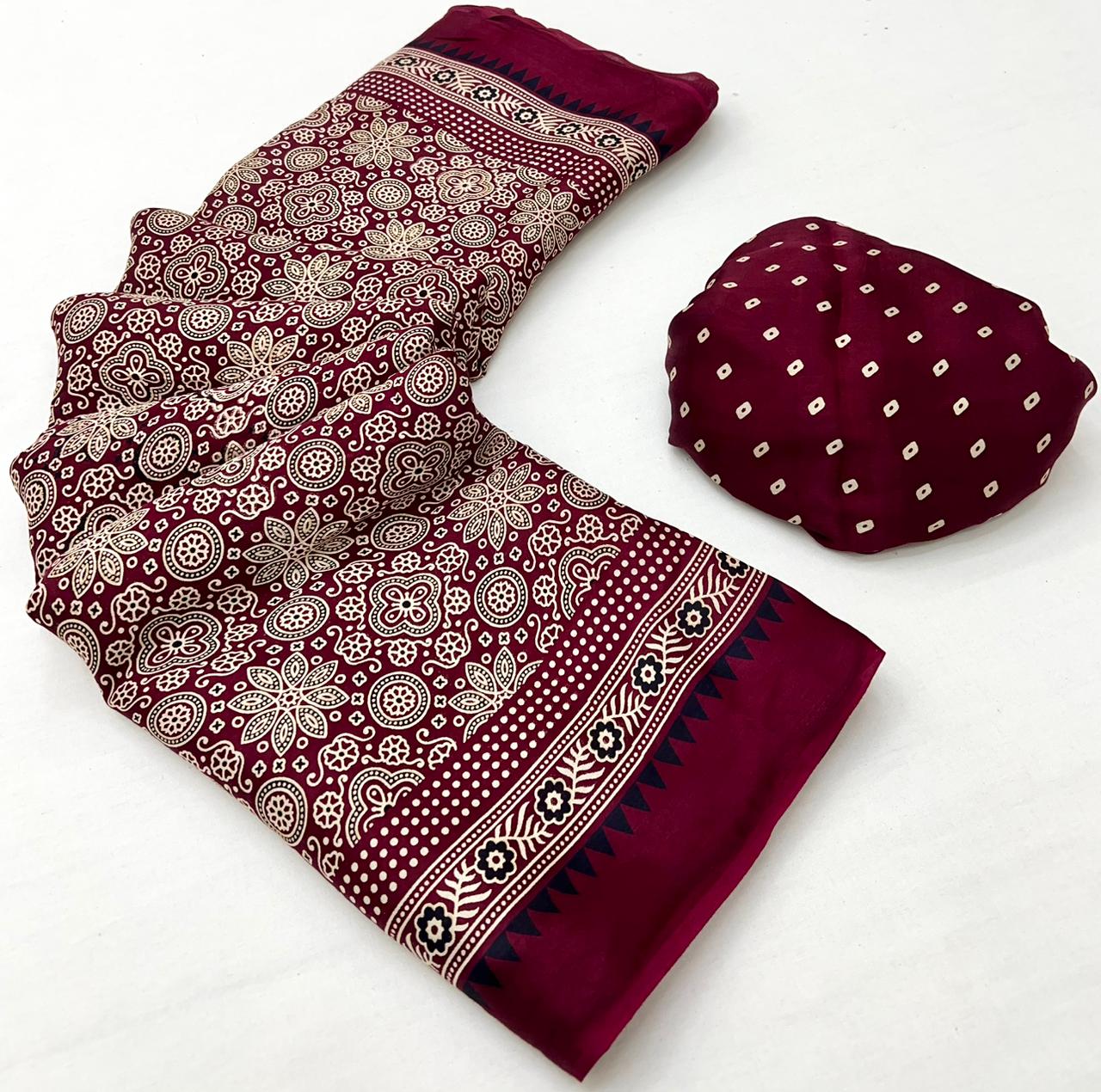 Dark Scarlet Ajrakh Hand Block Modal Silk Saree With Fancy Ajrakh Pallu And Border-1