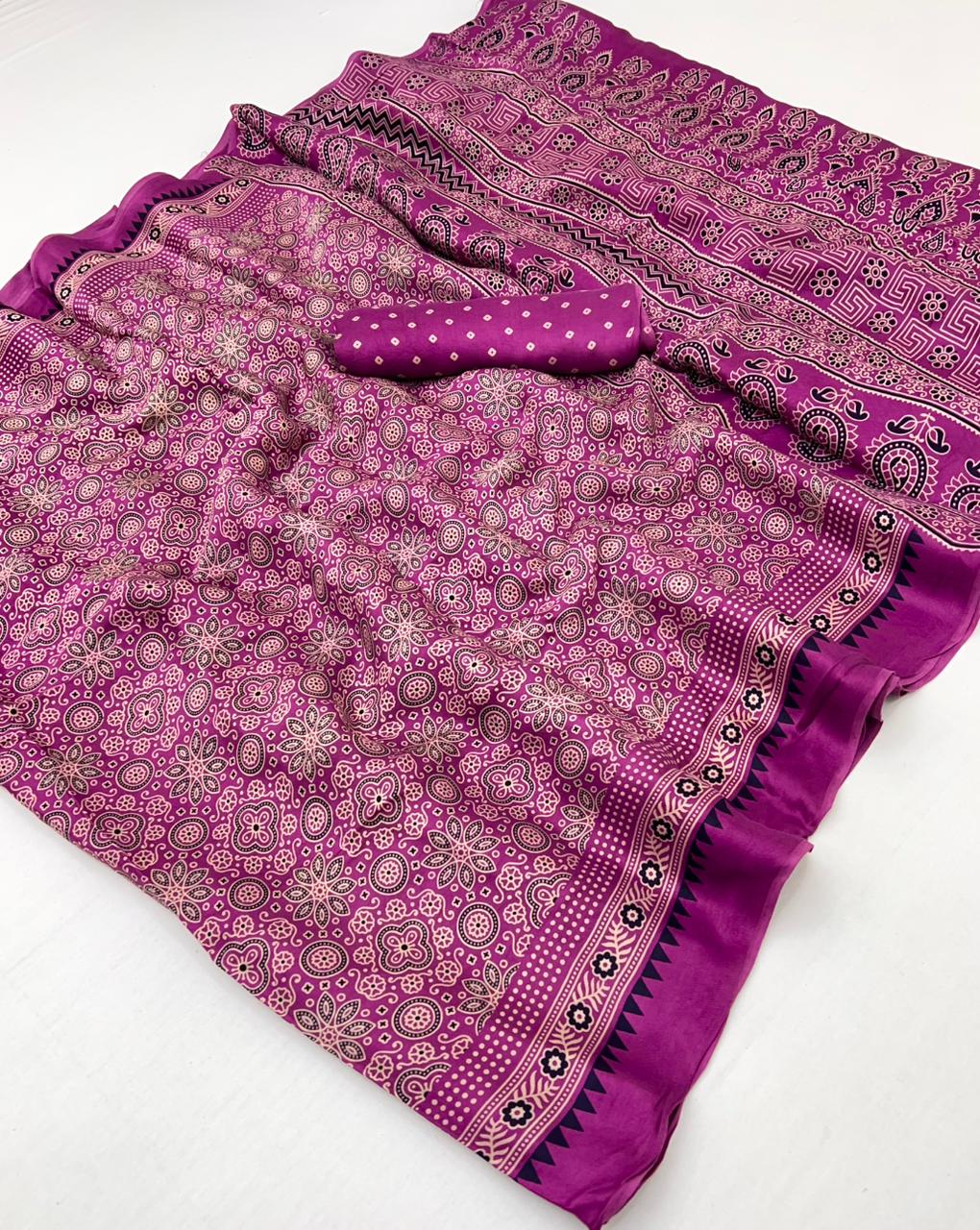 Dark Pink Ajrakh Hand Block Modal Silk Saree With Fancy Ajrakh Pallu And Border-1