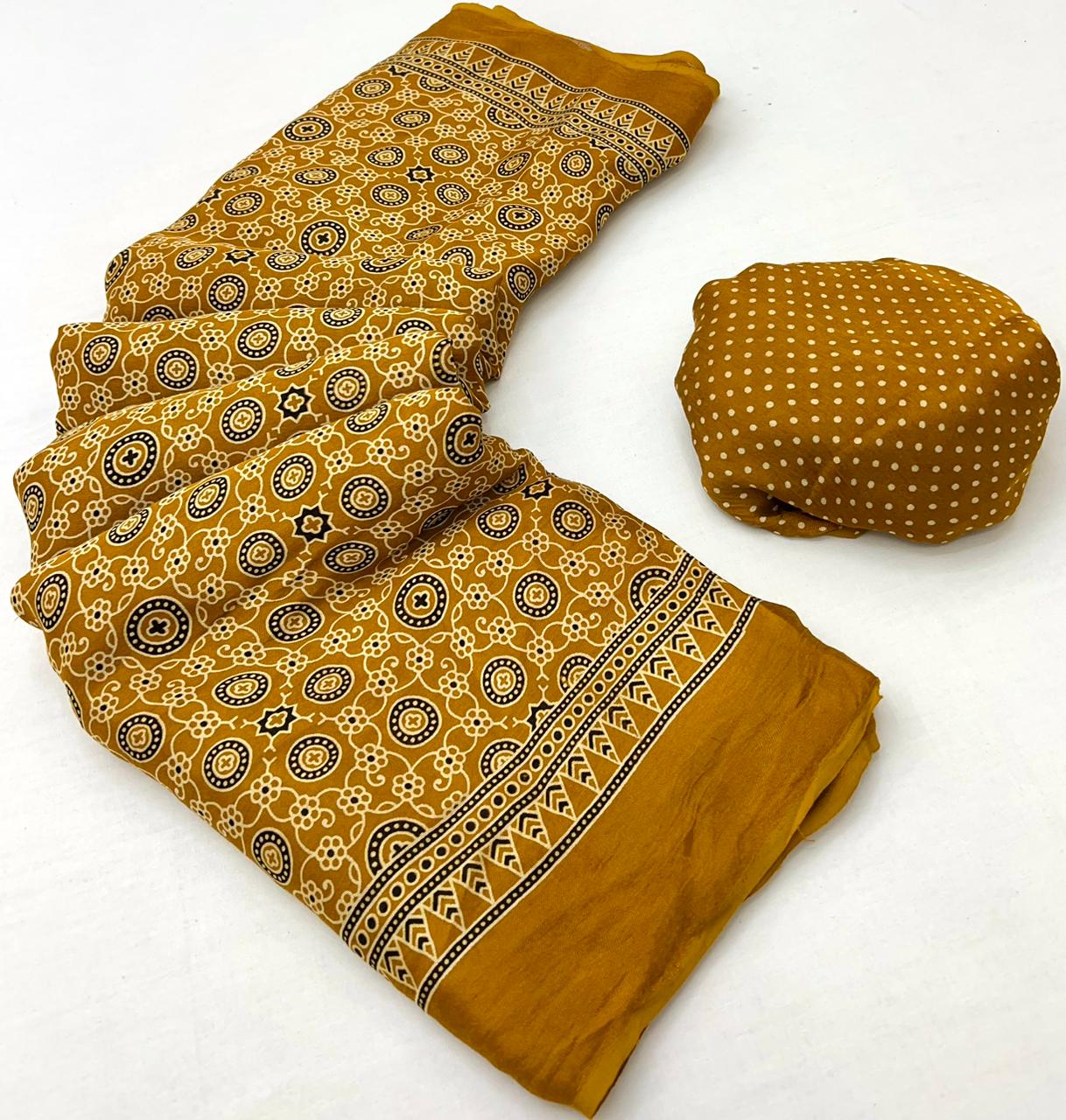 Rich Gold Ajrakh Hand Block Modal Silk Saree With Fancy Ajrakh Pallu And Border-1