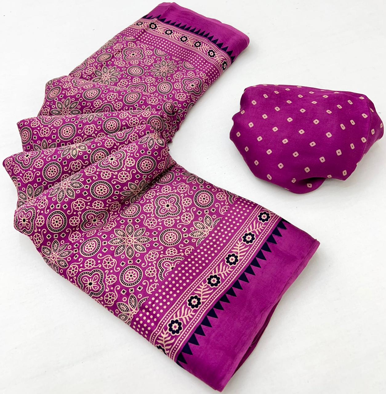 Dark Pink Ajrakh Hand Block Modal Silk Saree With Fancy Ajrakh Pallu And Border-1