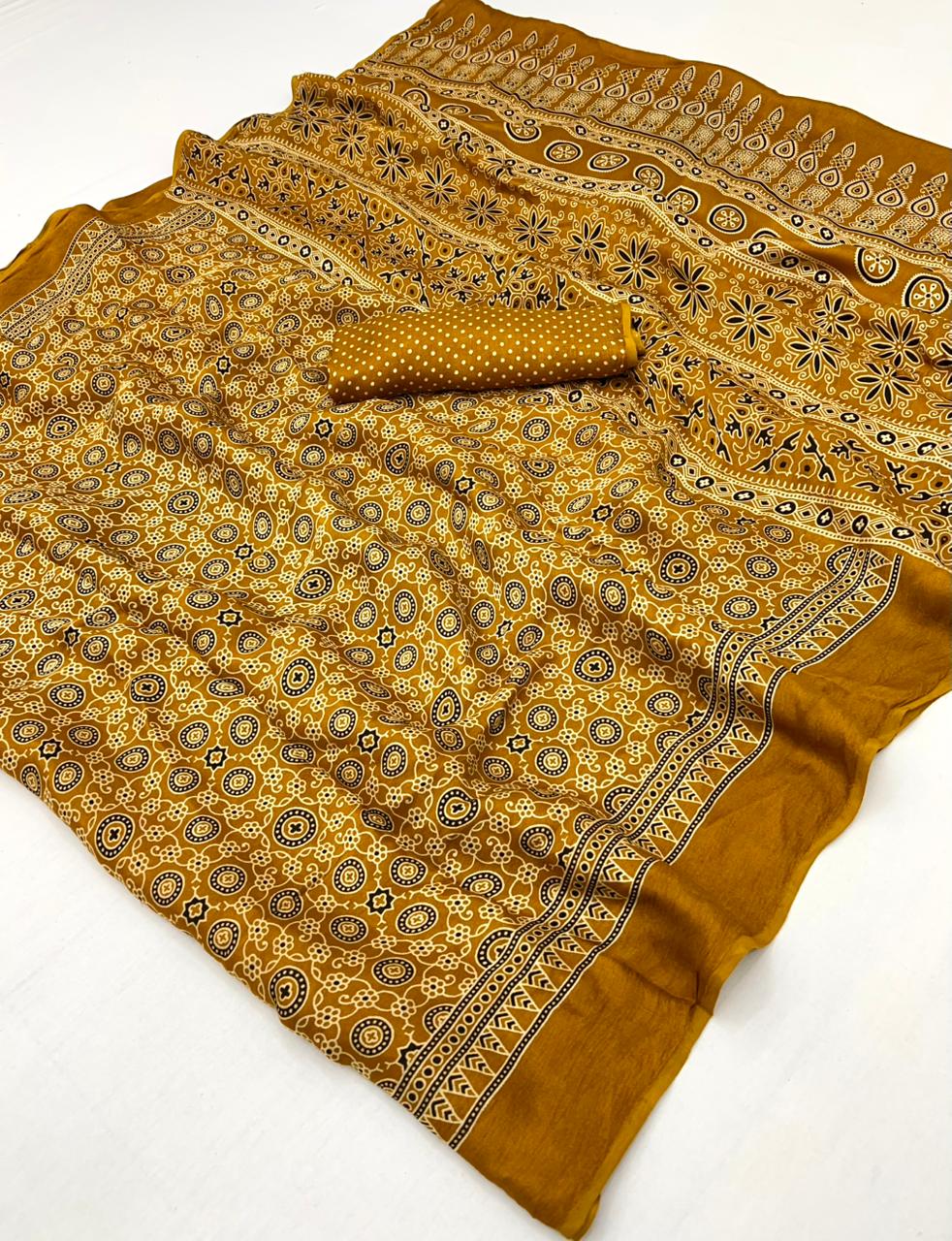 Rich Gold Ajrakh Hand Block Modal Silk Saree With Fancy Ajrakh Pallu And Border-1