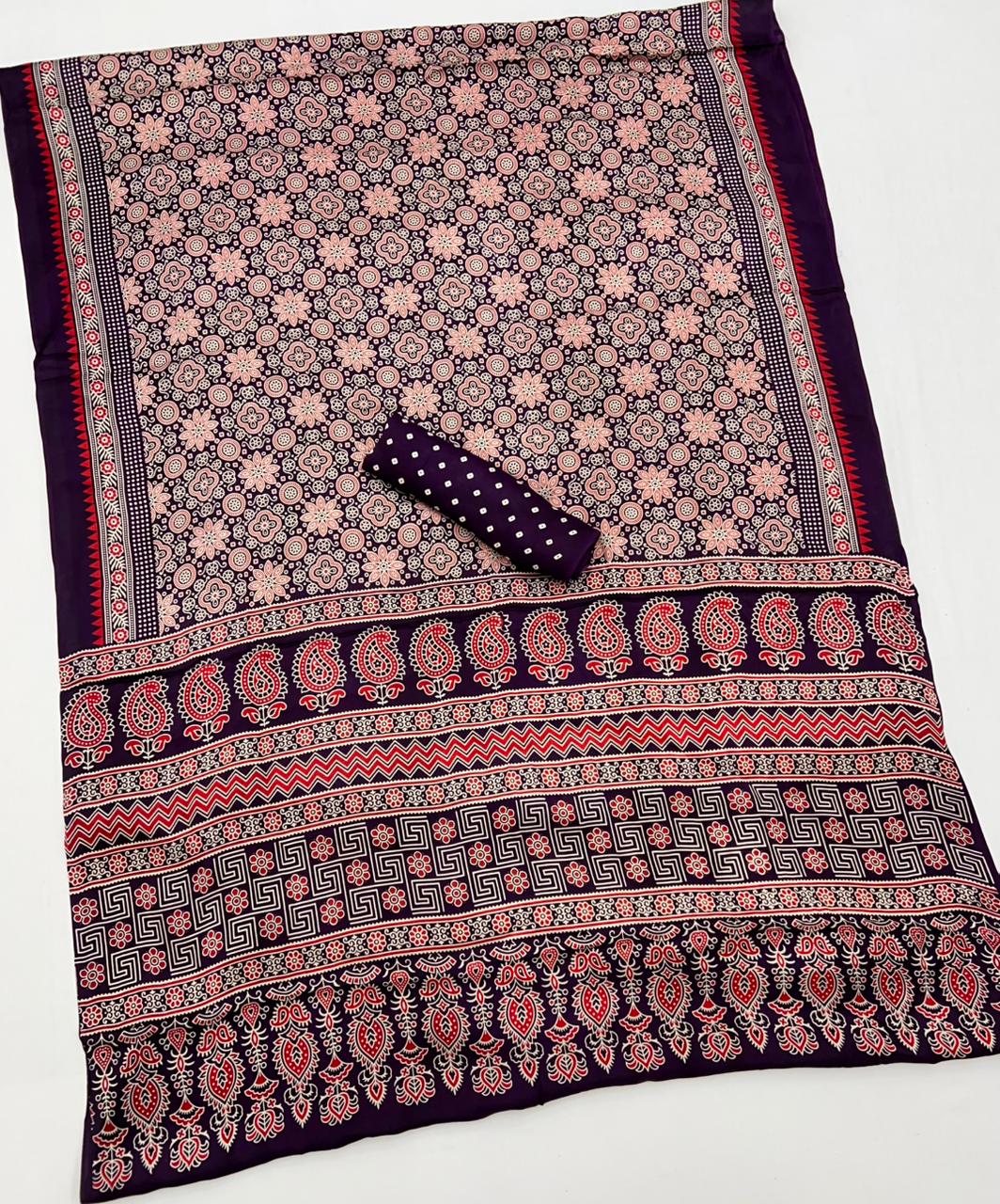 Dark Purple Ajrakh Hand Block Modal Silk Saree With Fancy Ajrakh Pallu And Border-1