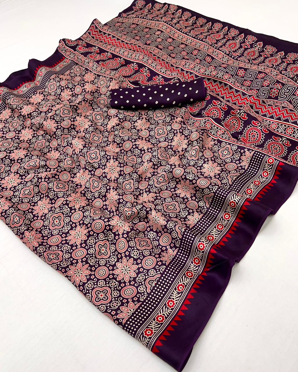 Dark Purple Ajrakh Hand Block Modal Silk Saree With Fancy Ajrakh Pallu And Border-1