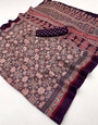Dark Purple Ajrakh Hand Block Modal Silk Saree With Fancy Ajrakh Pallu And Border-1