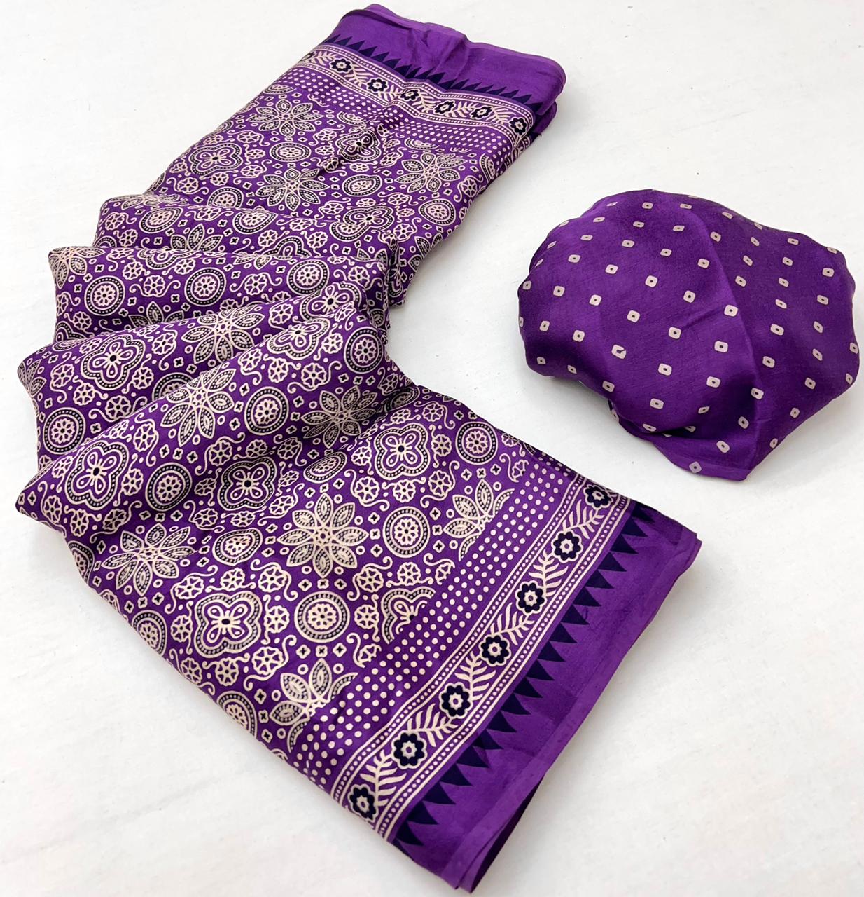 Dark Lavender Ajrakh Hand Block Modal Silk Saree With Fancy Ajrakh Pallu And Border-1